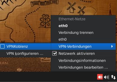 Screenshot der Netzwerkoptionen aus der Taskleiste mit Auswahl "VPNKoblenz"
